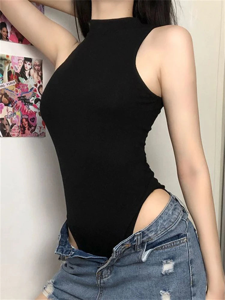 Harajuku Solid Jumpsuit Women Sleeveless Bodycon Sexy Black Body Tops Fashion Streetwear Vintage Y2k Gothic Bodysuits Clothing
