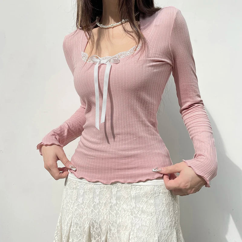 CIBBAR Sweet Pink Bow Crop Top Cute Lace Stitched Square Collar T-shirt Women Casual Full Sleeve Basic T-shirt y2k Aesthetic Tee
