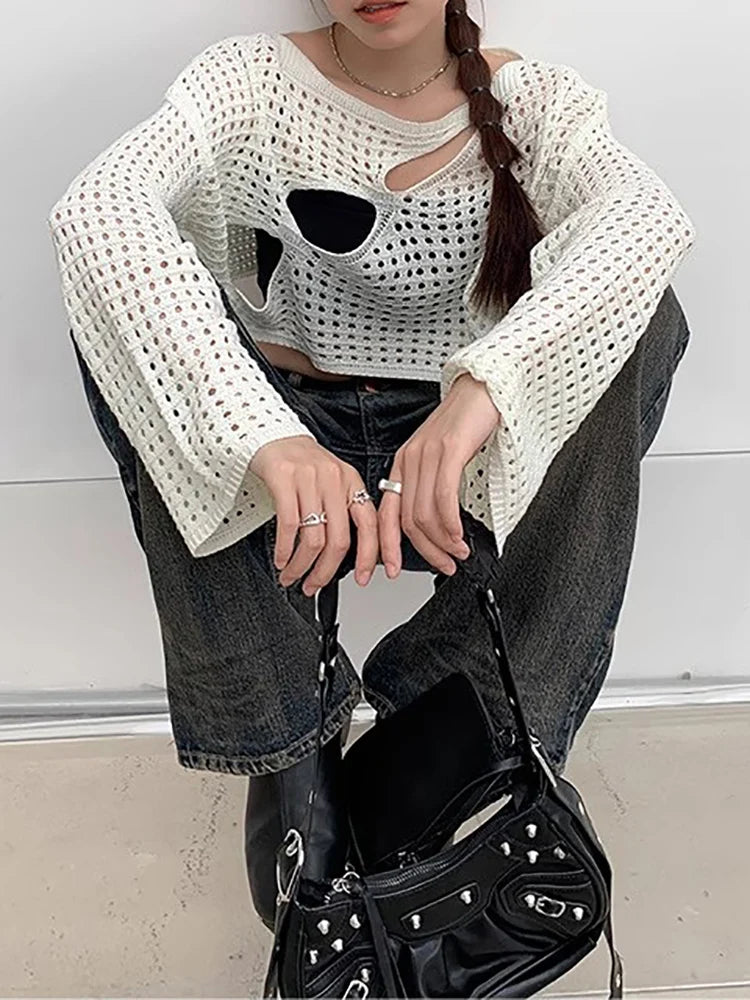 HOUZHOU Acubi Knitted Crop Top Y2k Women Smock Korean Fashion Hollow Out Loose O-Neck Long Sleeve Top Chic Streetwear Knitwear