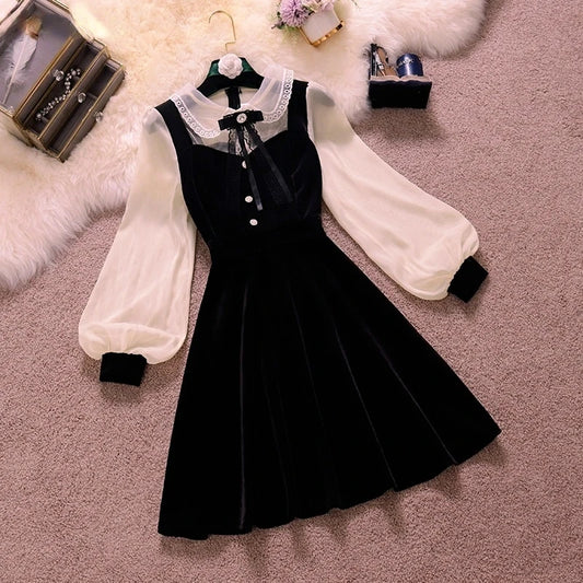 HZTN Neploe Vintage Velvet Black Dress Stand Neck Lantern Sleeve Party Robe High Waist Slim Vestidos Korean Elegant Dress Women