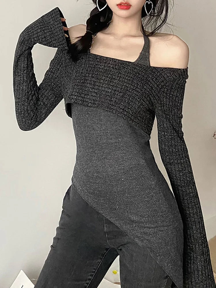 Acubi Style Ribbed Off Shoulder Covers and Bandage Long Halter Tops Korean Fashion Basic 2 Piece T-shirts Slim Y2k Cloth