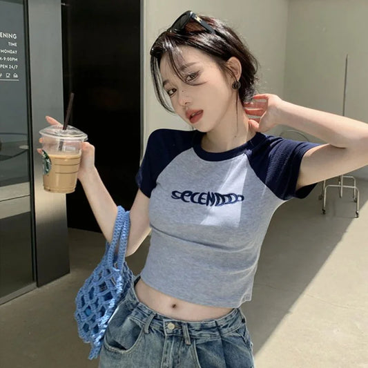 Y2K Women T Shirt Patchwork Letter Slim Fit Crop Tops Streetwear Casual Korean Fashion Short Sleeve Tshirts Bae Female Tees