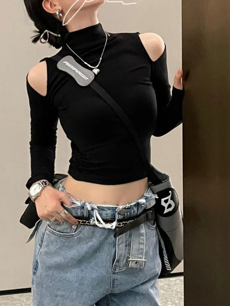 Deeptown Y2K Vintage Solid Turtleneck T Shirts Women Gothic Sexy Slim Crop Tops Elegant Hollow Out Long Sleeve Bottoming Tees